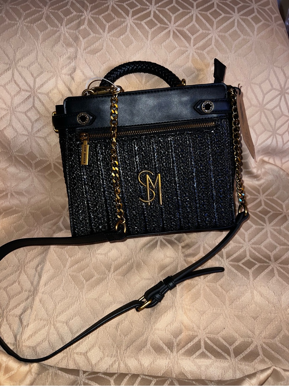 Steve Madden Black Braided Top-Handle Satchel with Gold Accent - Picture 14 of 17